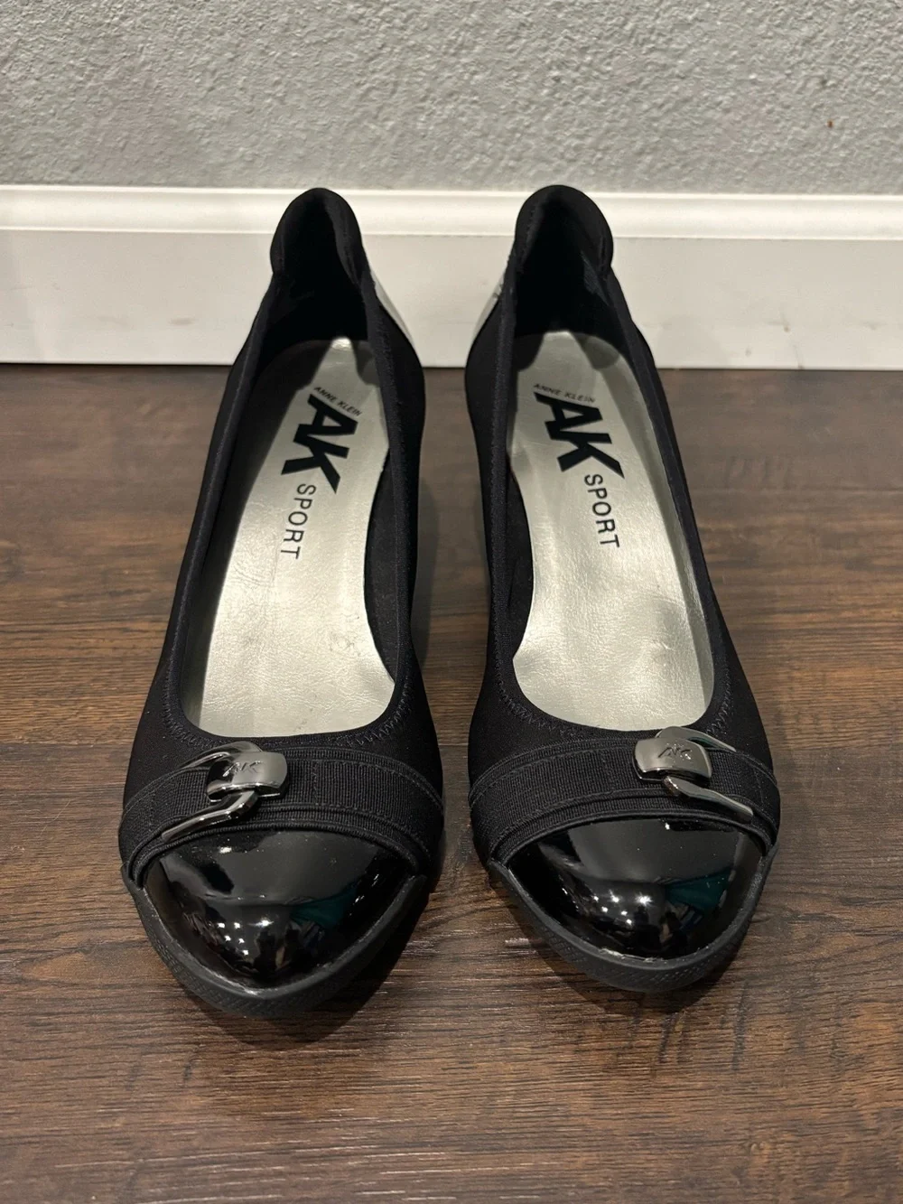 Anne Klein Sport Black Wedge Pumps with Patent Toe and Buckle